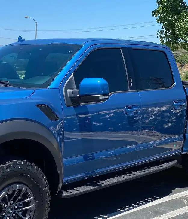 window tint on blue truck